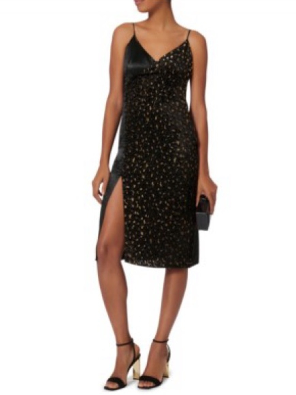 Intermix Ava black satin velvet leopard animal print slit midi slip dress